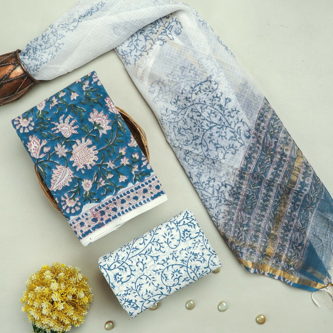 Pure Cotton Hand block print Unstitched Suit with Kota Dupatta .
