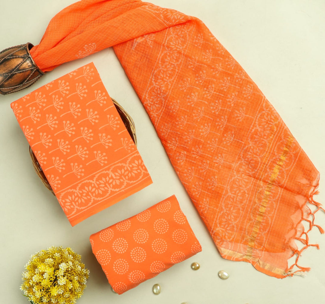 Pure Cotton Hand block print Unstitched Suit with Kota Dupatta .