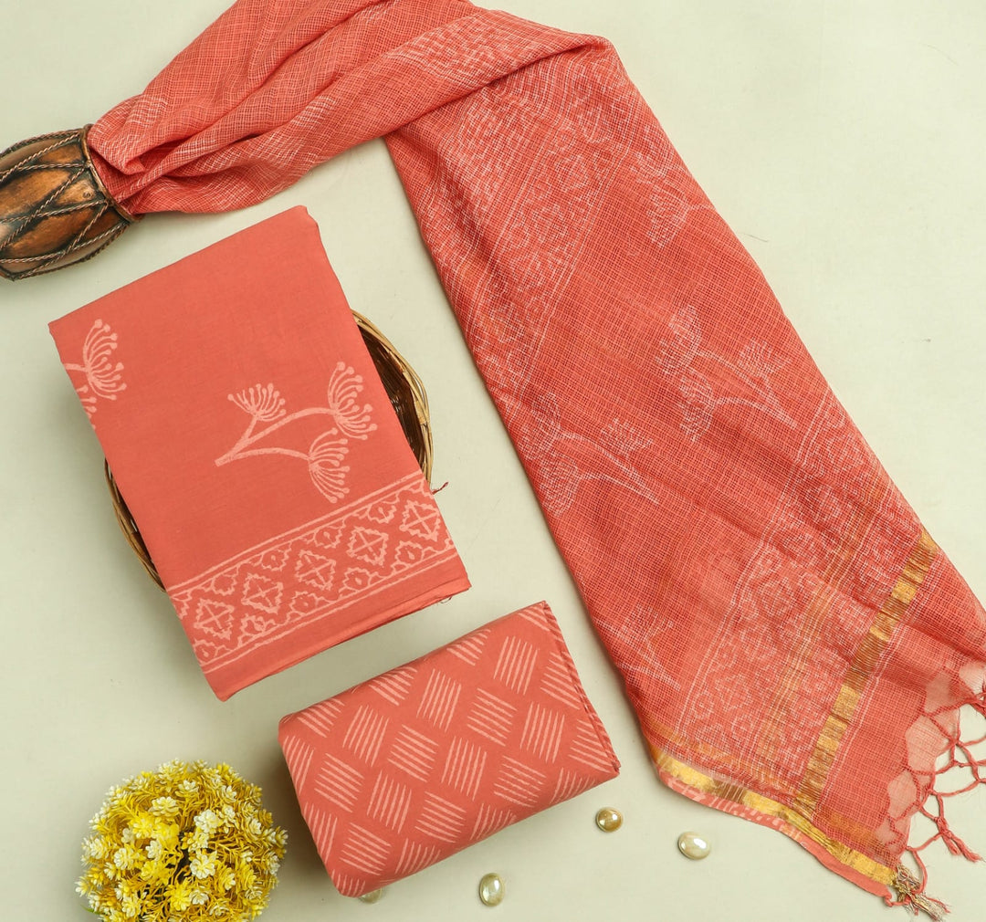Pure Cotton Hand block print Unstitched Suit with Kota Dupatta .