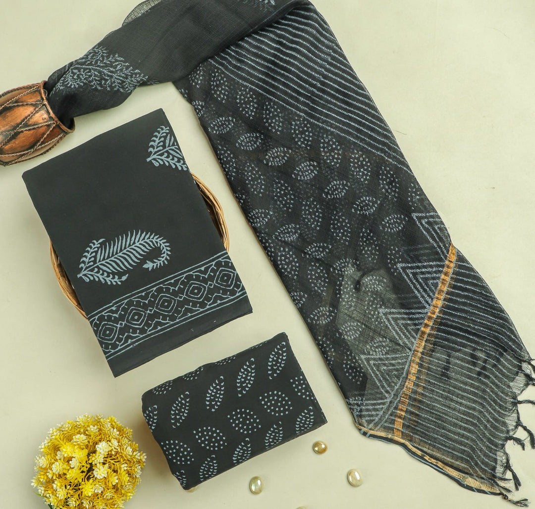 Pure Cotton Hand block print Unstitched Suit with Kota Dupatta .