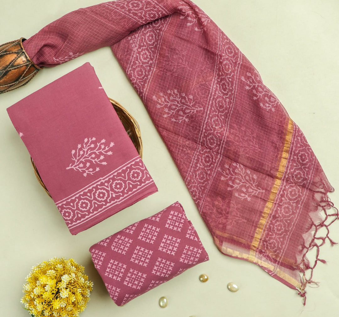 Pure Cotton Hand block print Unstitched Suit with Kota Dupatta .
