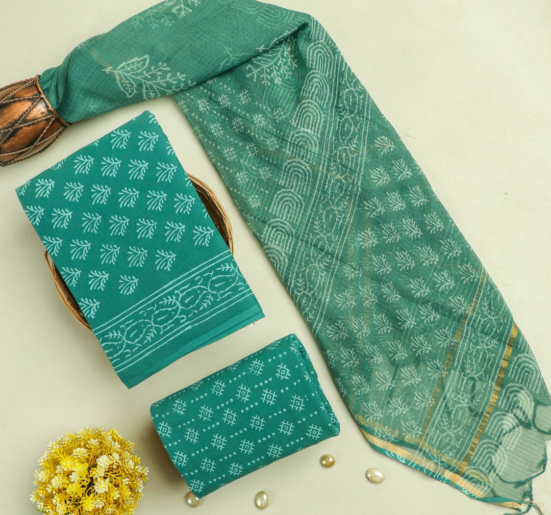Pure Cotton Hand block print Unstitched Suit with Kota Dupatta .