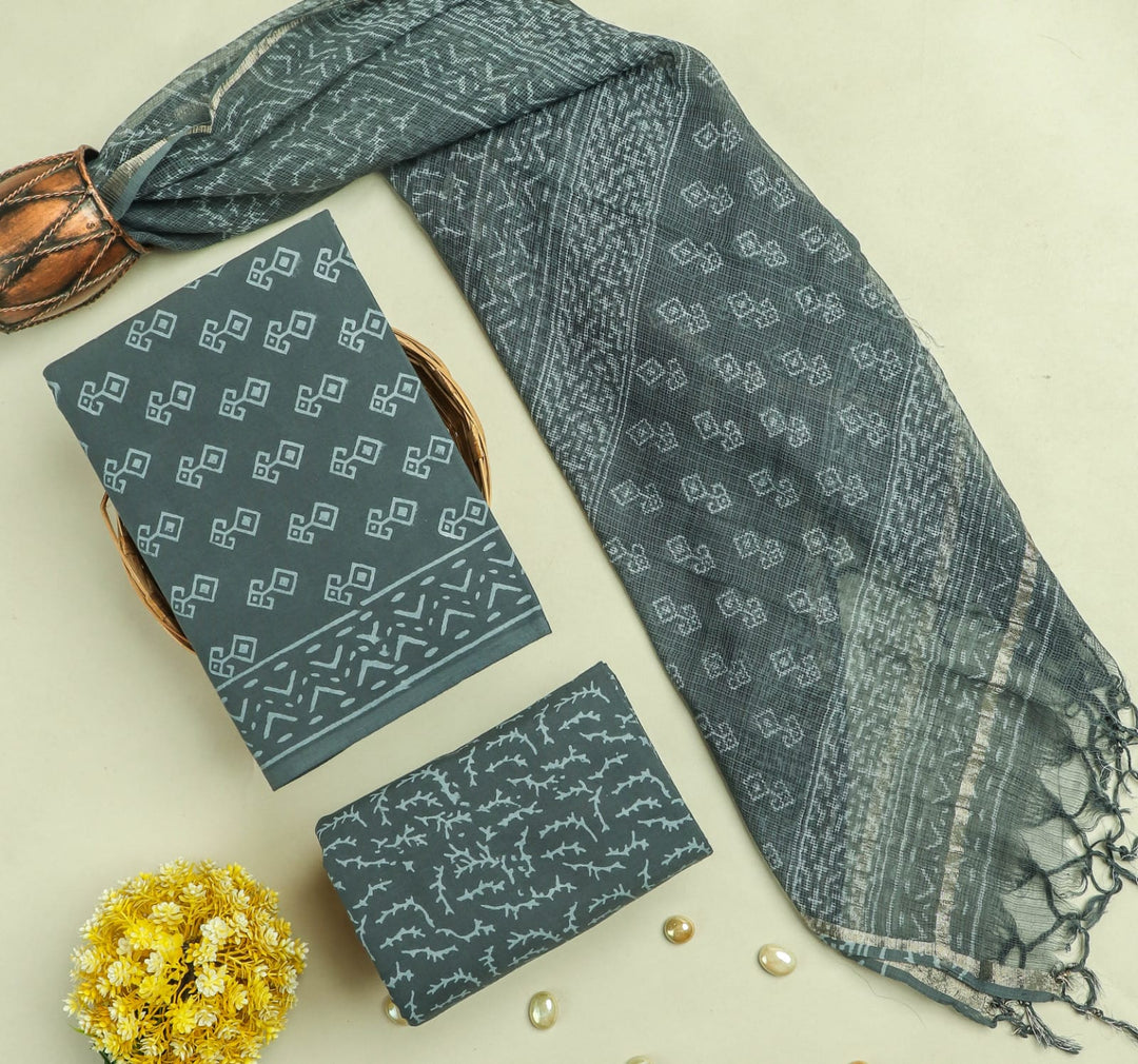 Pure Cotton Hand block print Unstitched Suit with Kota Dupatta .
