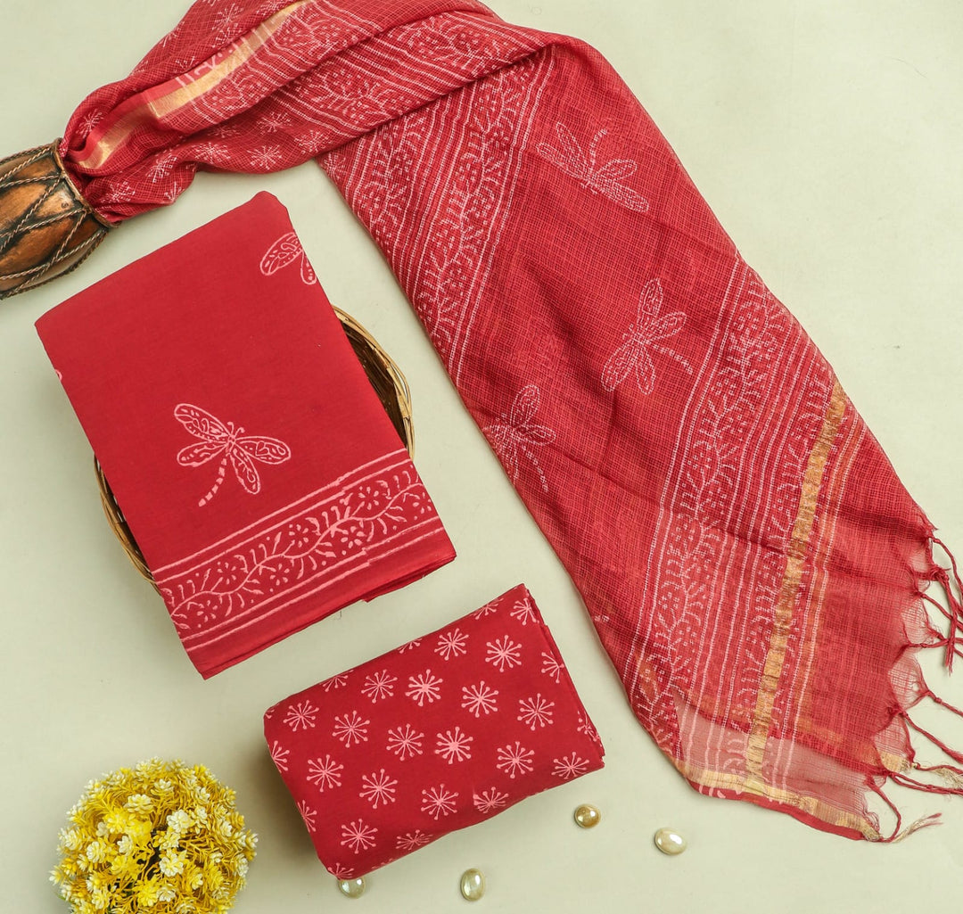 Pure Cotton Hand block print Unstitched Suit with Kota Dupatta .