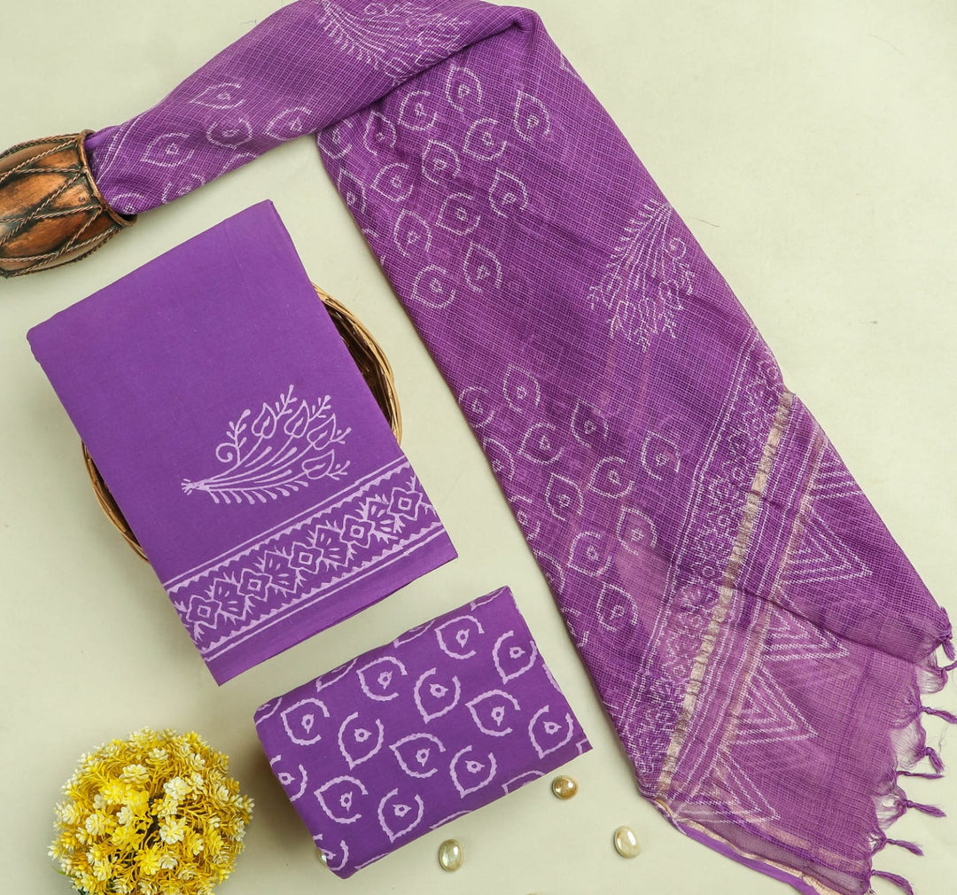 Pure Cotton Hand block print Unstitched Suit with Kota Dupatta .