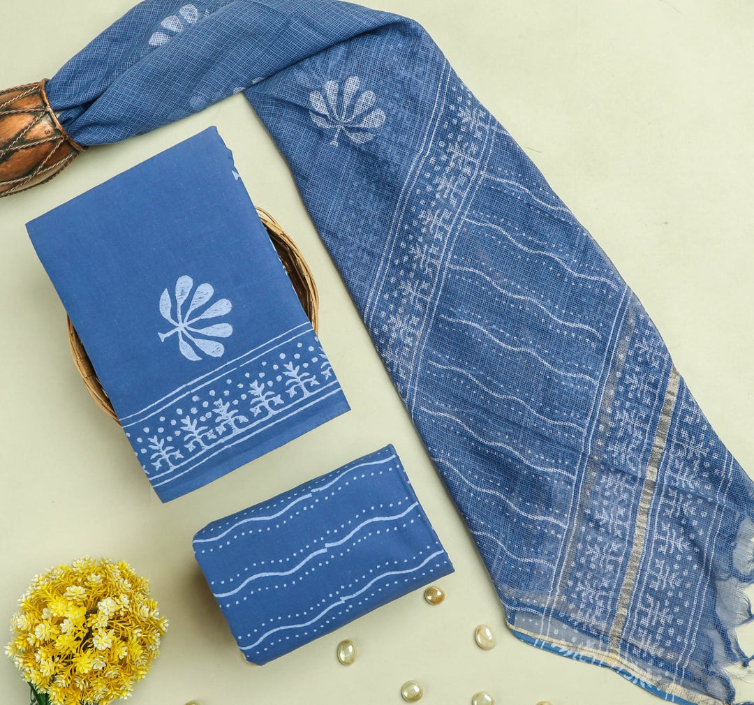 Pure Cotton Hand block print Unstitched Suit with Kota Dupatta .