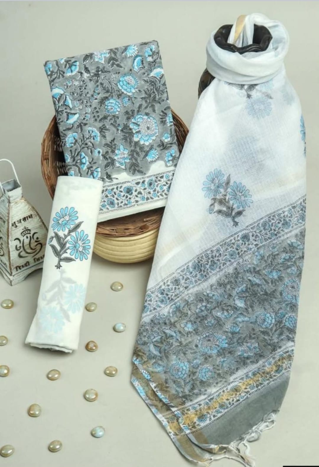 Pure Cotton Hand block print Unstitched Suit with Kota Dupatta .