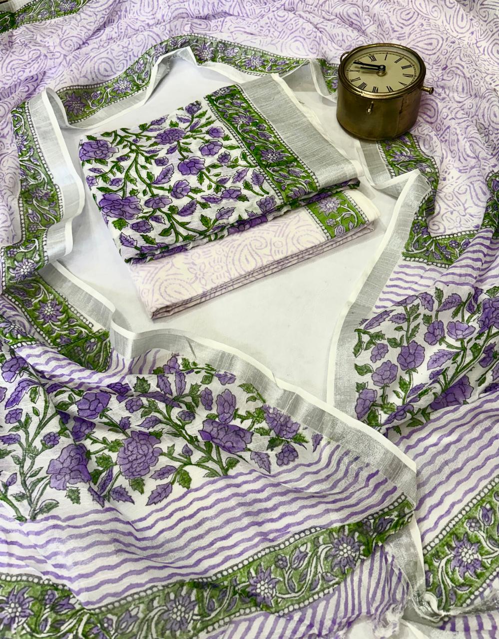 Pure Cotton Hand block print Unstitched Suit with Kota Dupatta .