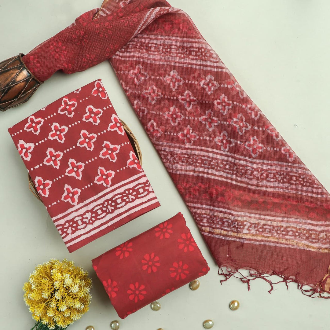 Pure Cotton Hand block print Unstitched Suit with Kota Dupatta .