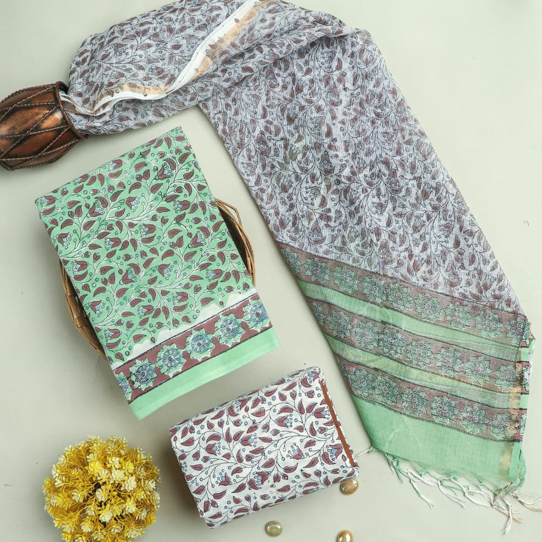 Pure Cotton Hand block print Unstitched Suit with Kota Dupatta .