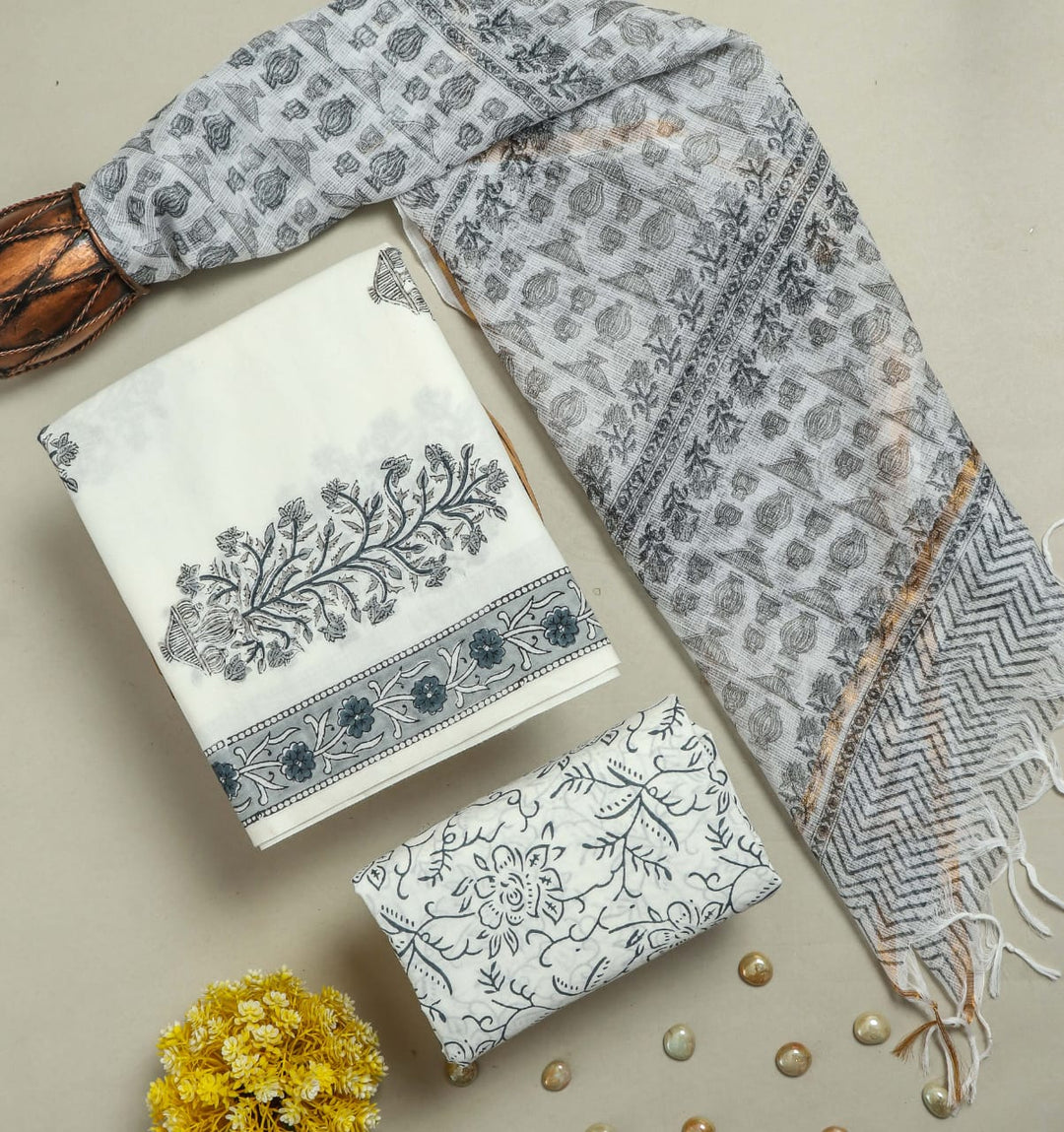 Pure Cotton Hand block print Unstitched Suit with Kota Dupatta .