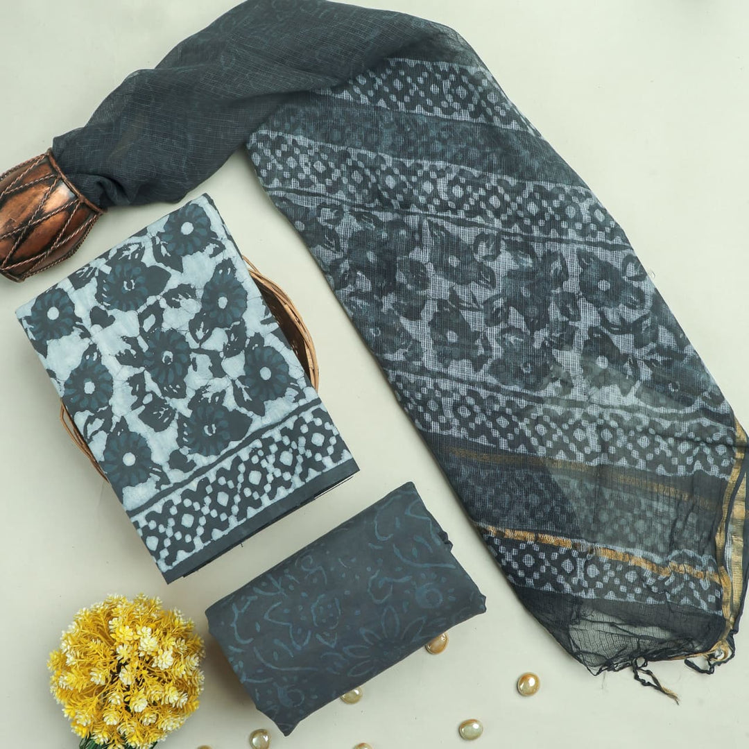 Pure Cotton Hand block print Unstitched Suit with Kota Dupatta .