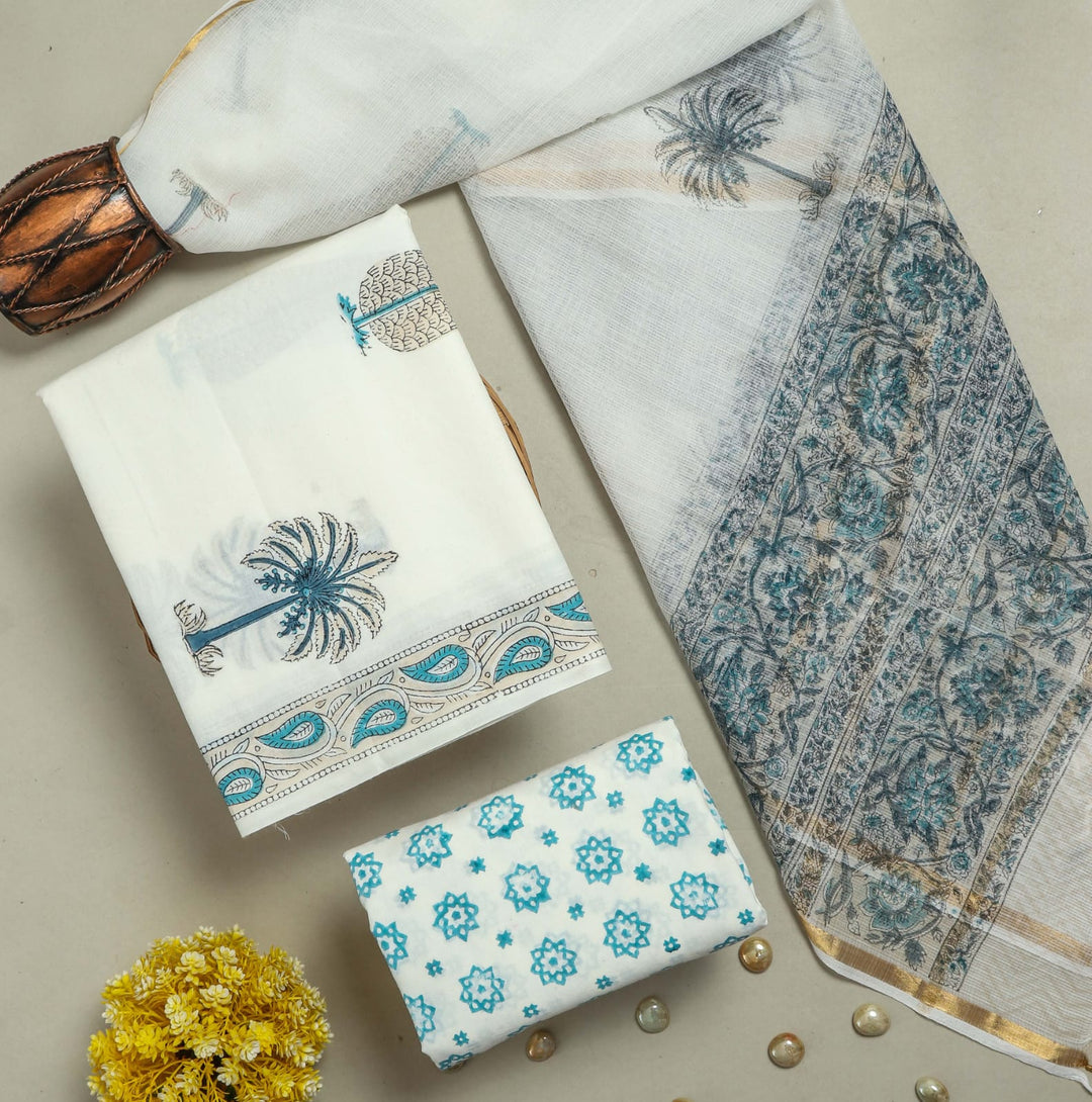 Pure Cotton Hand block print Unstitched Suit with Kota Dupatta .