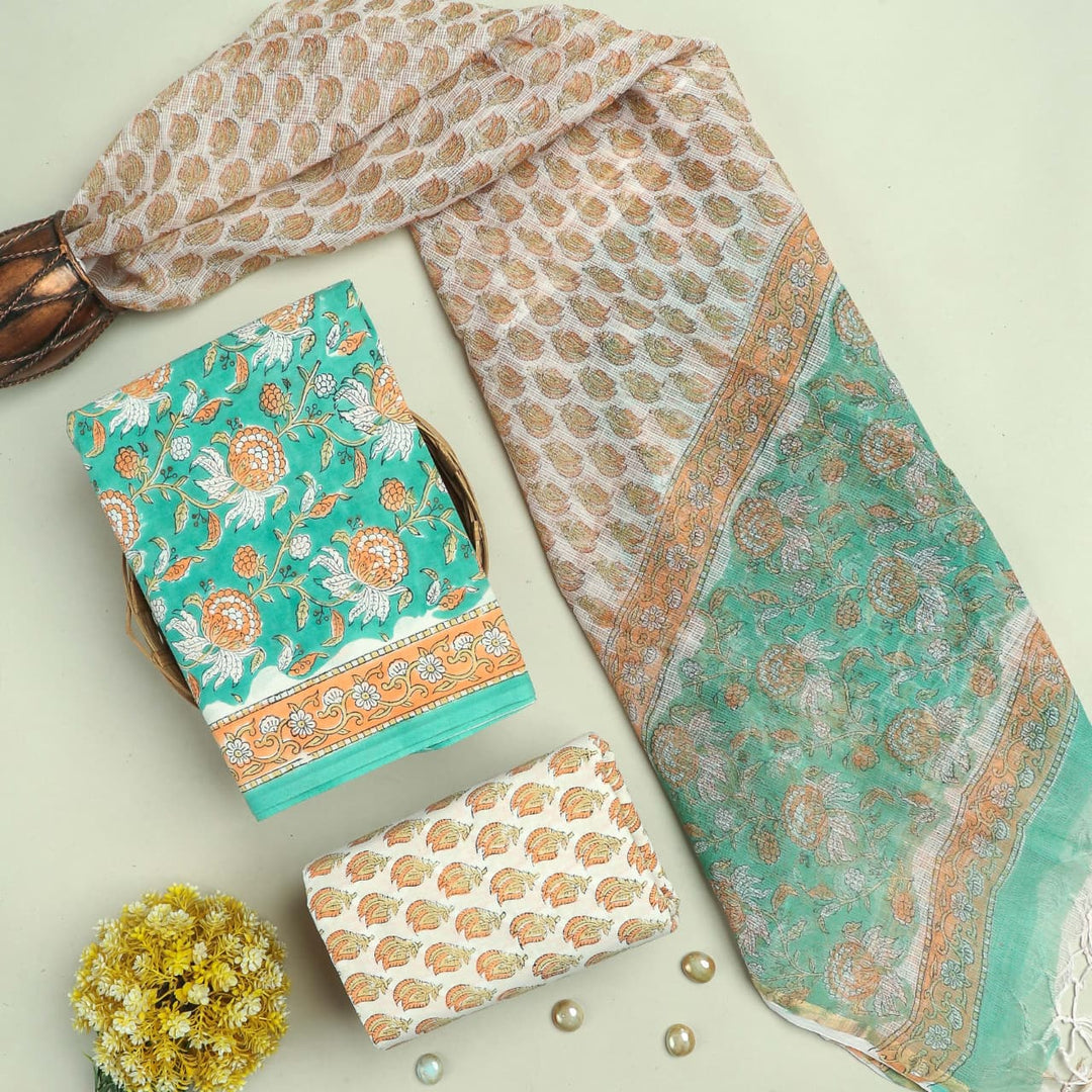 Pure Cotton Hand block print Unstitched Suit with Kota Dupatta .
