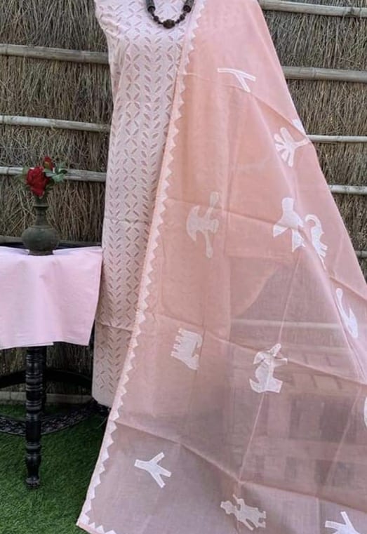 Pure Cotton Applique Work Unstitched Suit With Organdy applique Work Dupatta | peach|