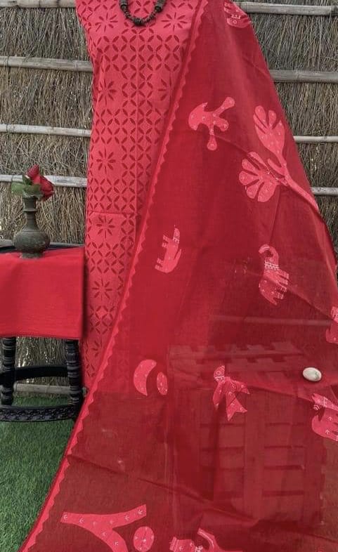 Pure Cotton Applique Work Unstitched Suit With Organdy applique Work Dupatta |RED|