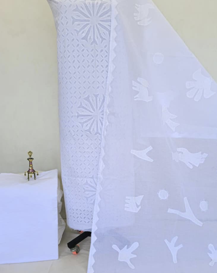 Pure Cotton Applique Work Unstitched Suit With Organdy applique Work Dupatta| WHITE|