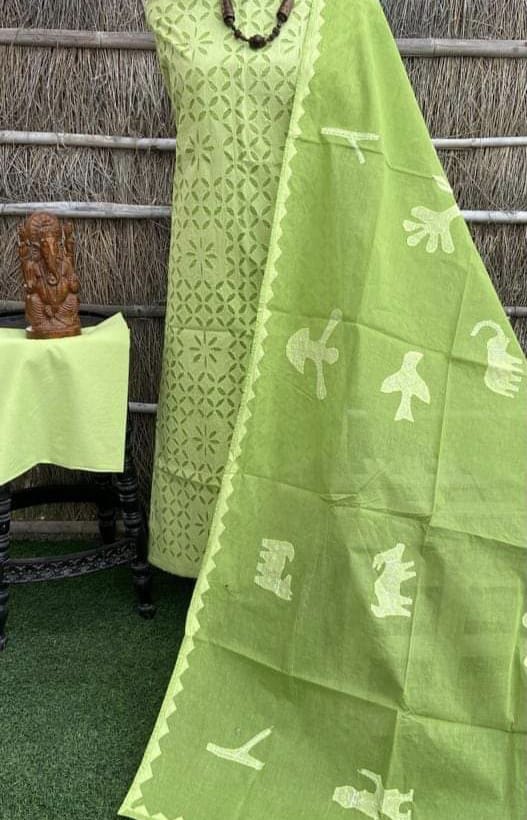 Pure Cotton Applique Work Unstitched Suit With Organdy applique Work Dupatta |GREEN|