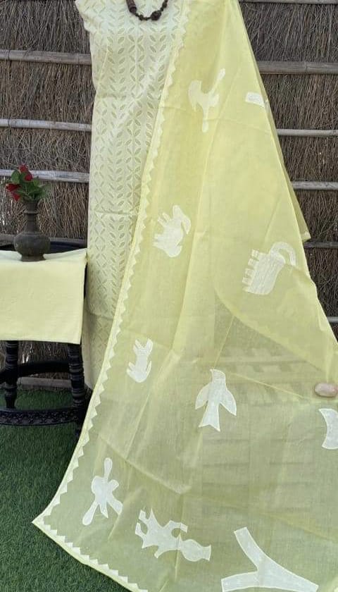 Pure Cotton Applique Work Unstitched Suit With Organdy applique Work Dupatta |YELLOW|