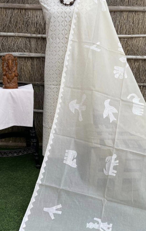 Pure Cotton Applique Work Unstitched Suit With Organdy applique Work Dupatta| BEIGE|