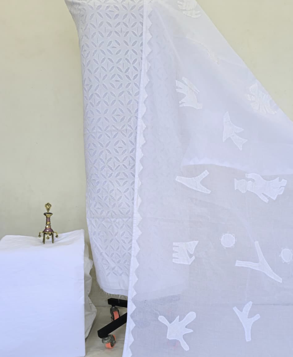 Pure Cotton Applique Work Unstitched Suit With Organdy applique Work Dupatta |WHITE|