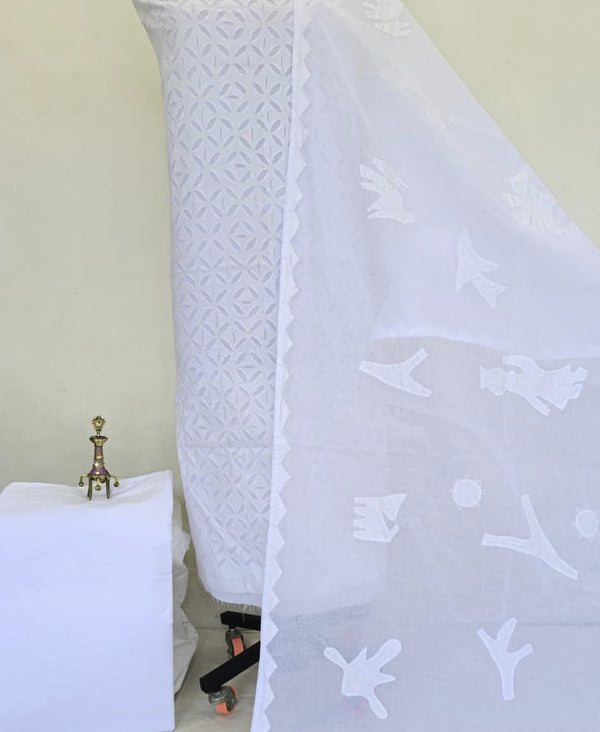 Pure Cotton Applique Work Unstitched Suit With Organdy applique Work Dupatta |WHITE|