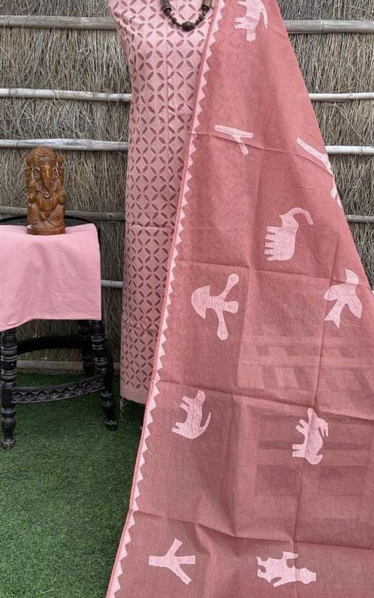 Pure Cotton Applique Work Unstitched Suit With Organdy applique Work Dupatta|PEACH|