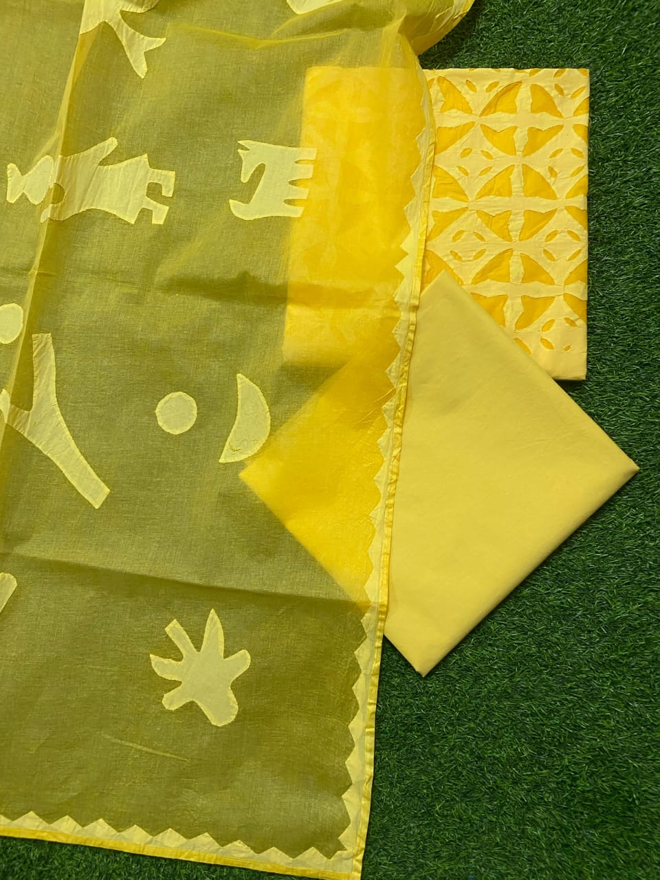 Pure Cotton Applique Work Unstitched Suit With Organdy applique Work Dupatta|YELLOW|