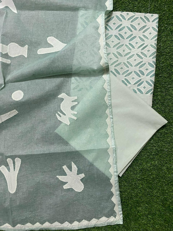Pure Cotton Applique Work Unstitched Suit With Organdy applique Work Dupatta|LIGHT GREEN|