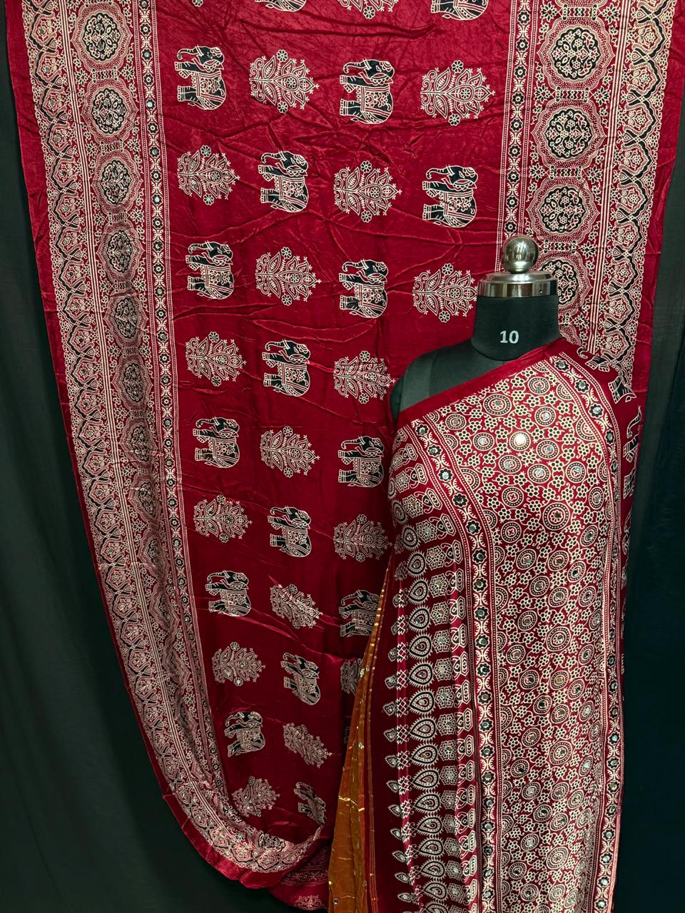 Pure Modal Silk Azrak Print Mirror Work Saree