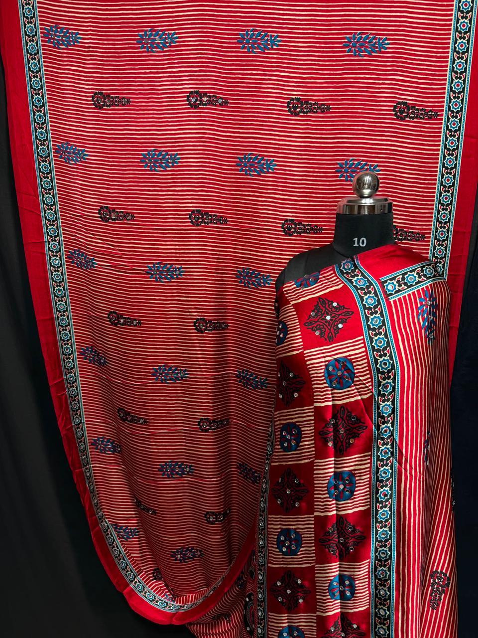 Pure Modal Silk Azrak Print Mirror Work Saree