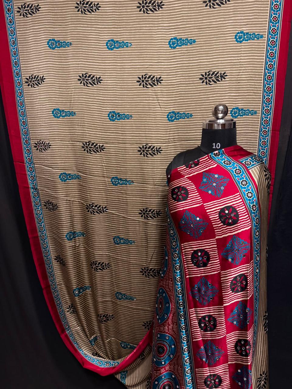 Pure Modal Silk Azrak Print Mirror Work Saree