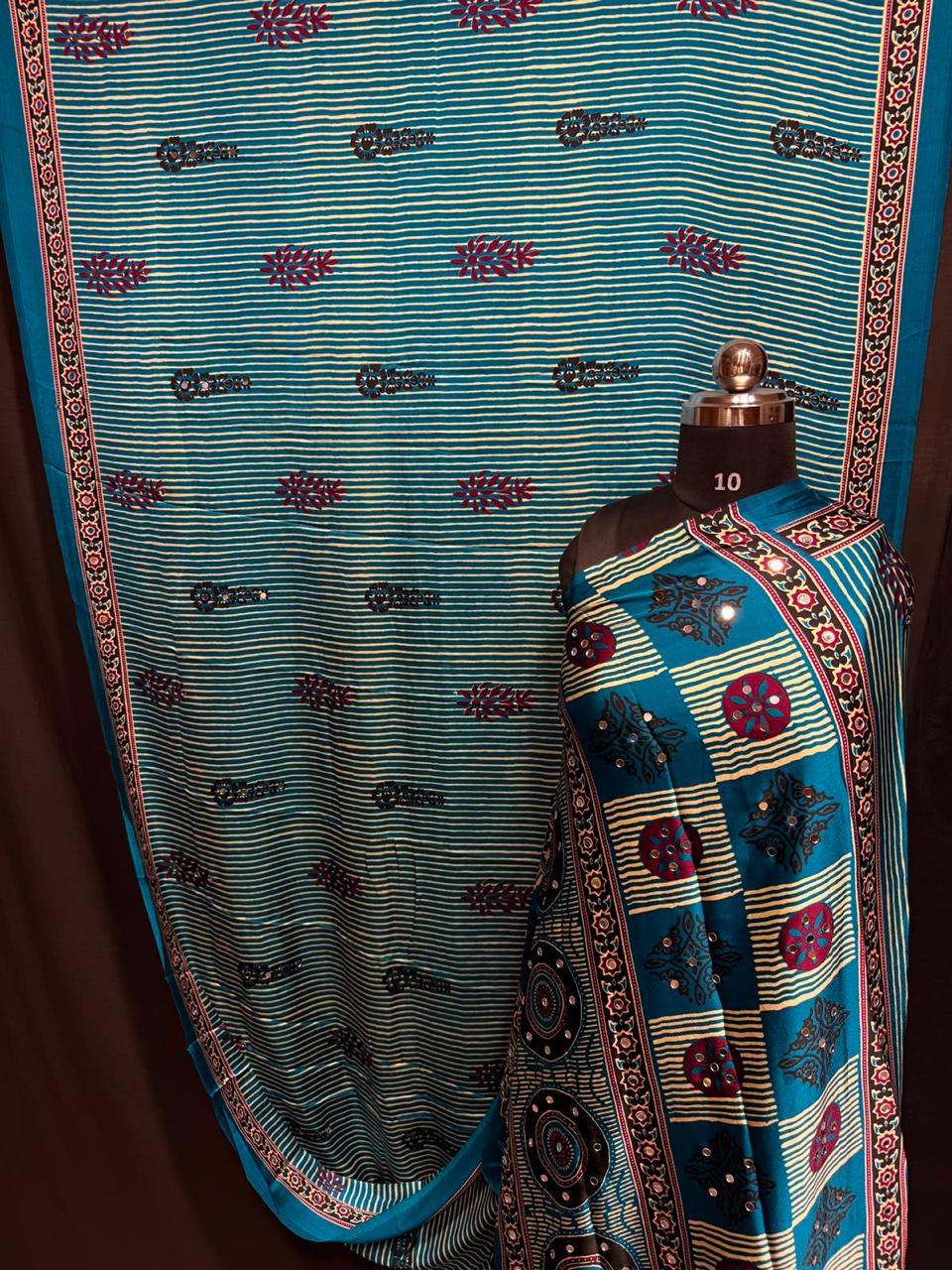 Pure Modal Silk Azrak Print Mirror Work Saree
