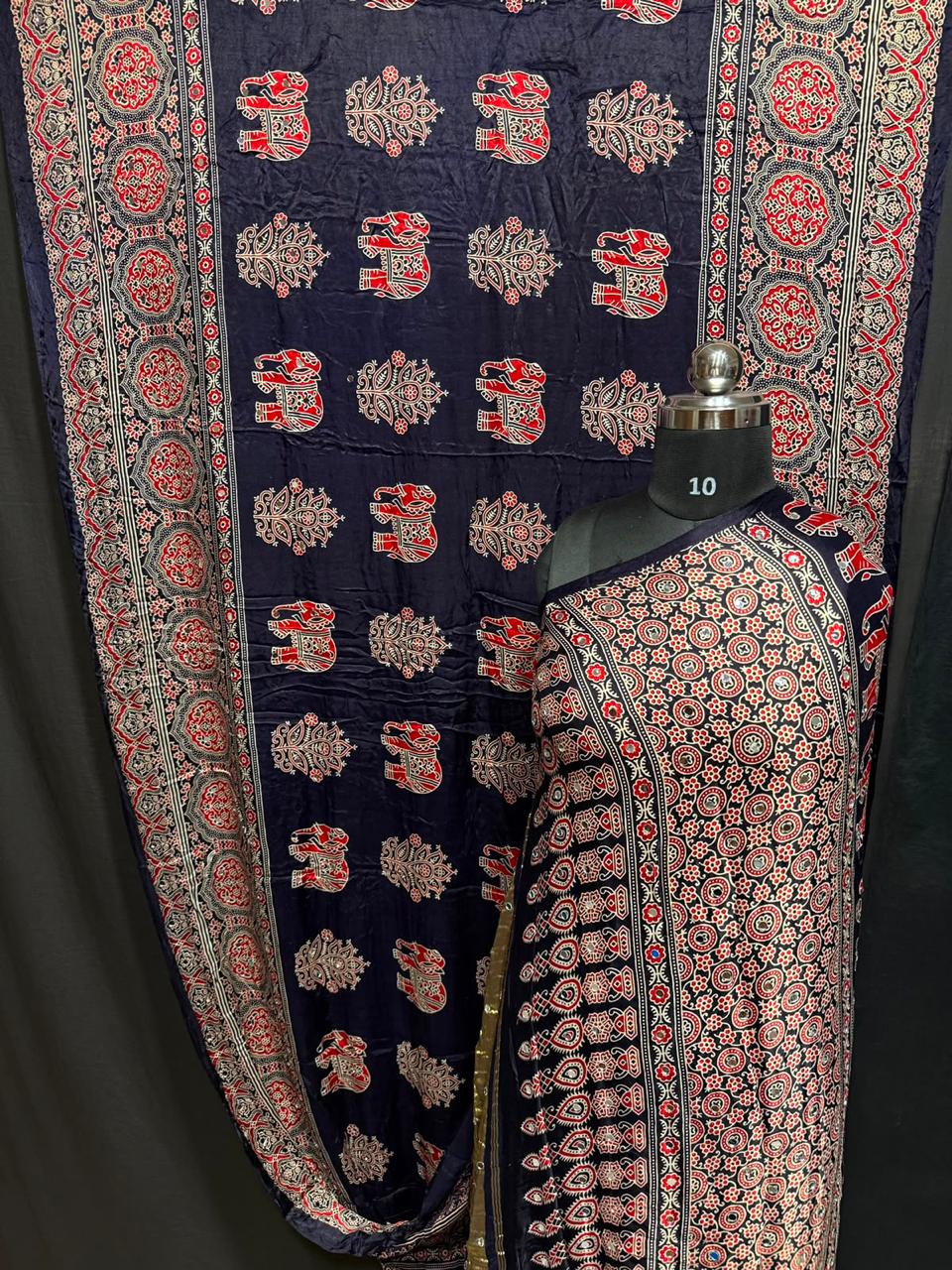 Pure Modal Silk Azrak Print Mirror Work Saree
