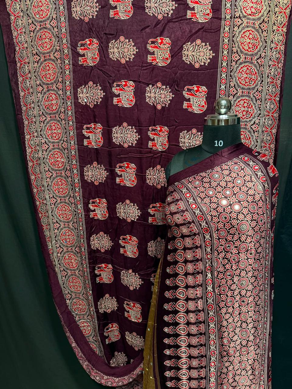 Pure Modal Silk Azrak Print Mirror Work Saree