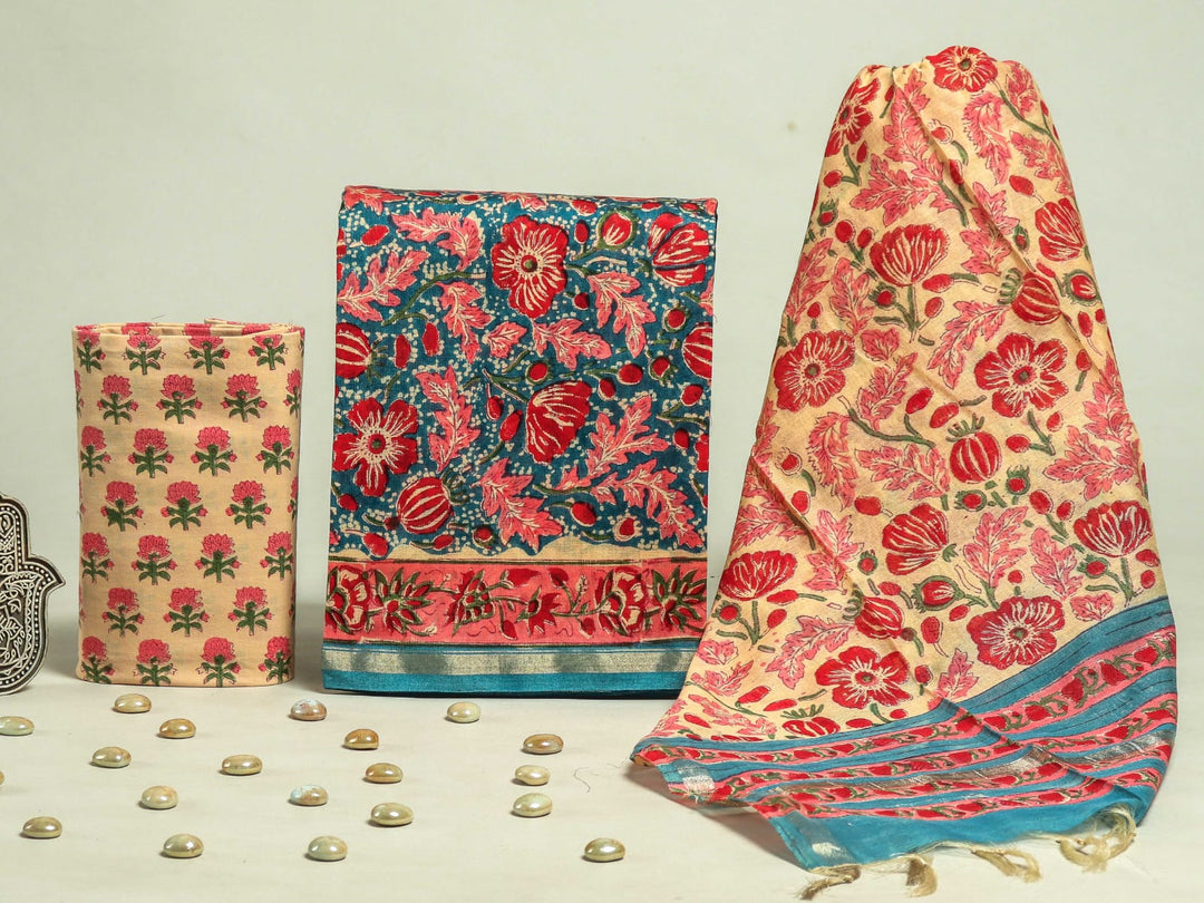 Pure Hand Block Chanderi Silk Unstitchd Suit .