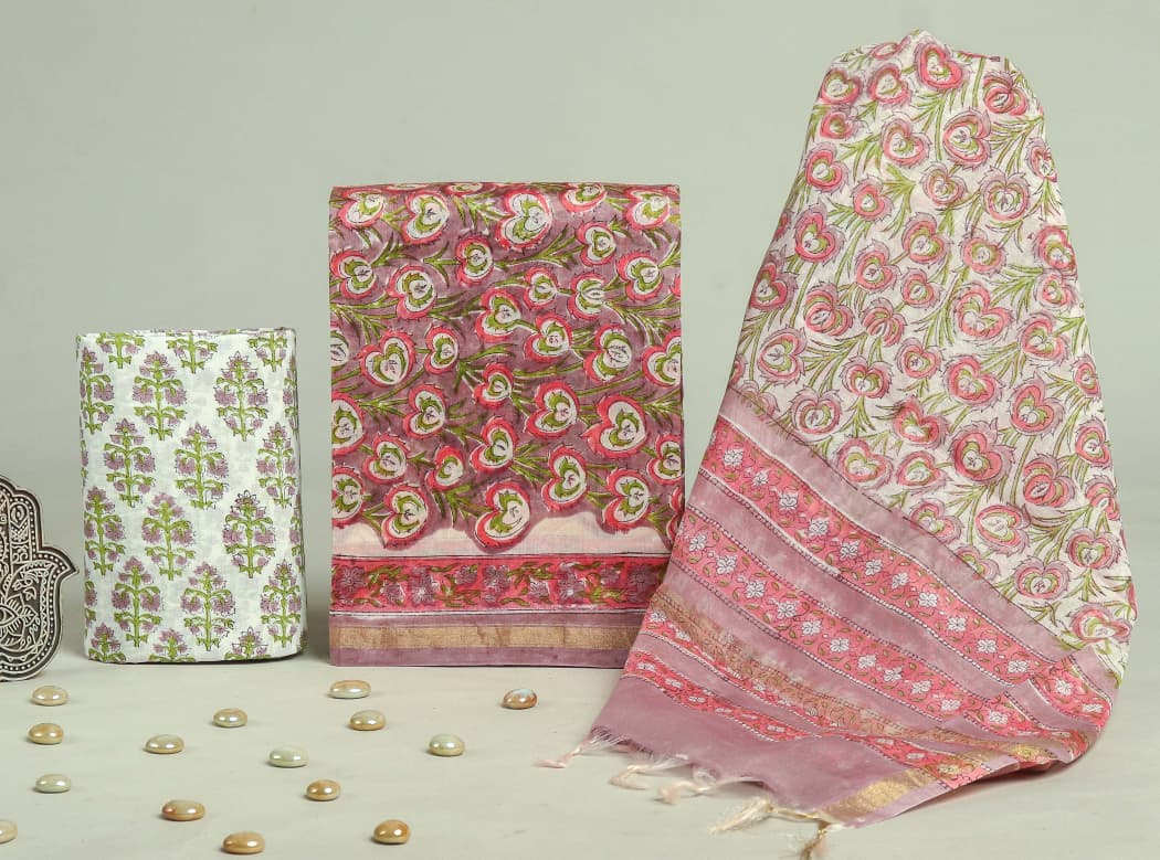 Pure Hand Block Chanderi Silk Unstitchd Suit .