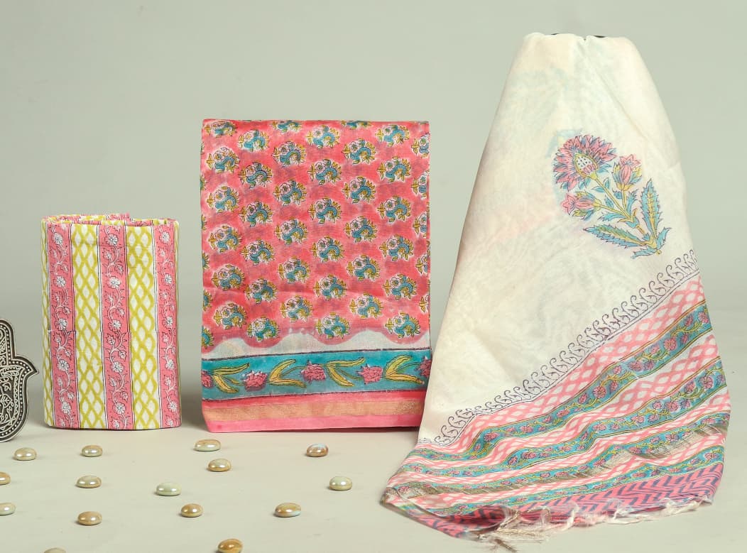 Pure Hand Block Chanderi Silk Unstitchd Suit .