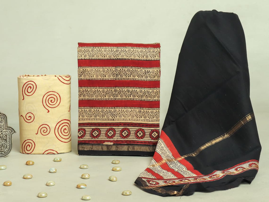 Pure Hand Block Chanderi Silk Unstitchd Suit .