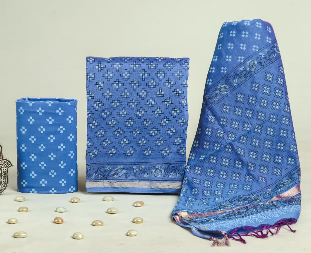 Pure Hand Block Chanderi Silk Unstitchd Suit .