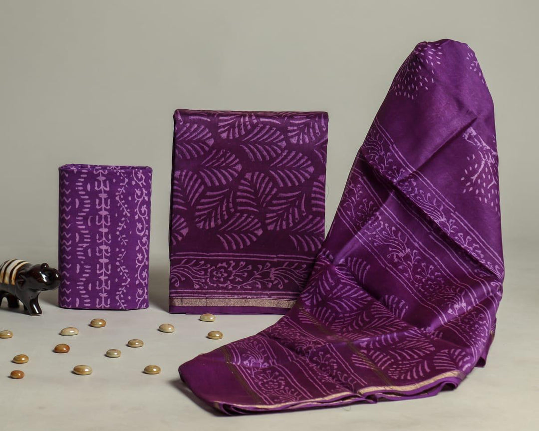 Pure Hand Block Chanderi Silk Unstitchd Suit .
