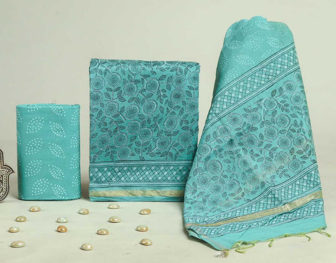 Pure Hand Block Chanderi Silk Unstitchd Suit .