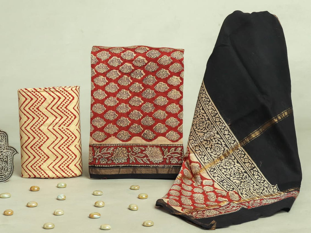 Pure Hand Block Chanderi Silk Unstitchd Suit .