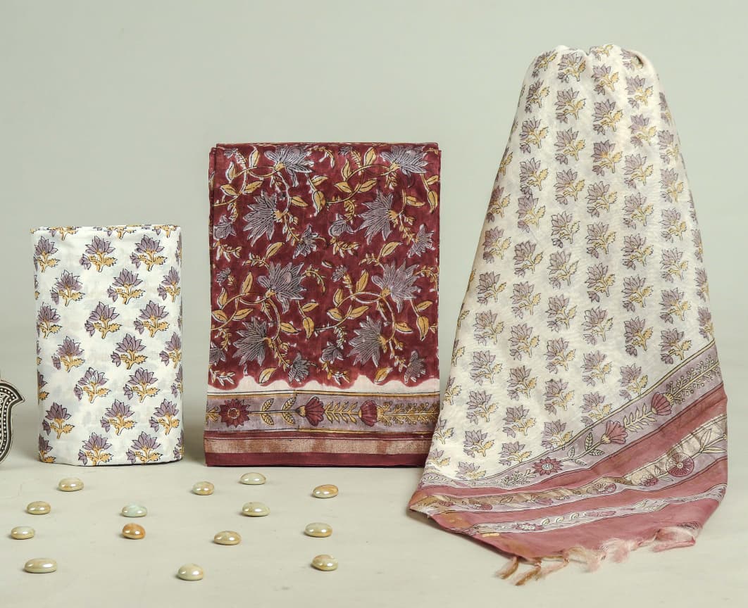 Pure Hand Block Chanderi Silk Unstitchd Suit .