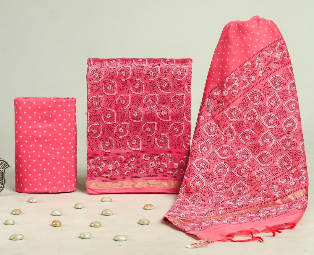 Pure Hand Block Chanderi Silk Unstitchd Suit .
