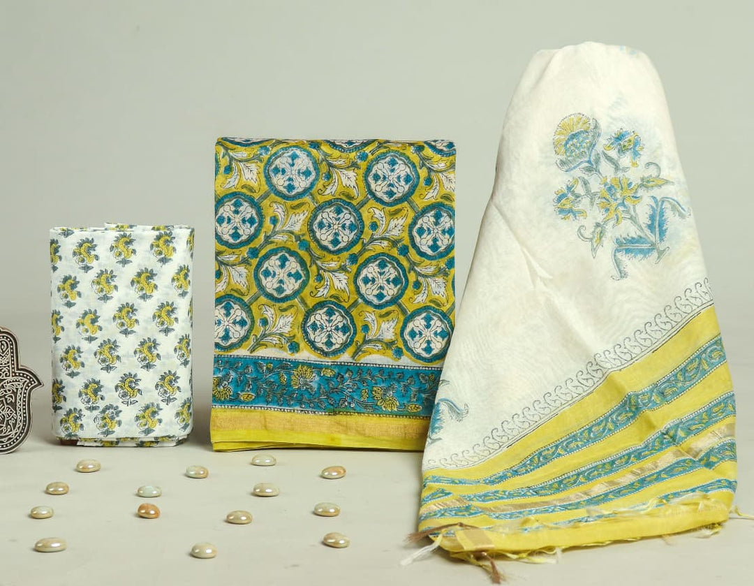 Pure Hand Block Chanderi Silk Unstitchd Suit .