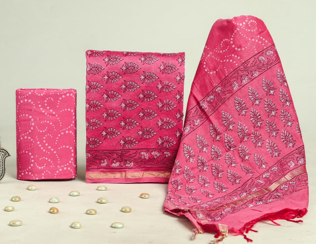 Pure Hand Block Chanderi Silk Unstitchd Suit .