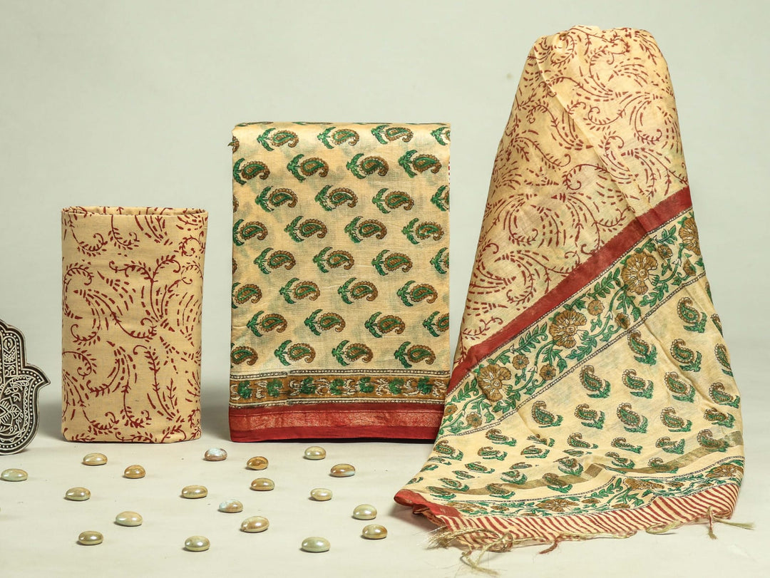 Pure Hand Block Chanderi Silk Unstitchd Suit .
