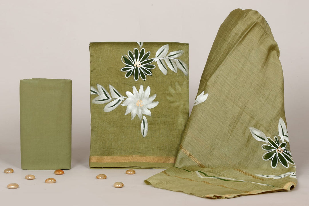 Pure Hand Block Chanderi Silk Unstitchd Suit .