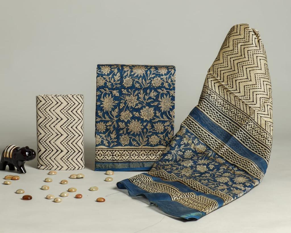 Pure Hand Block Chanderi Silk Unstitchd Suit .